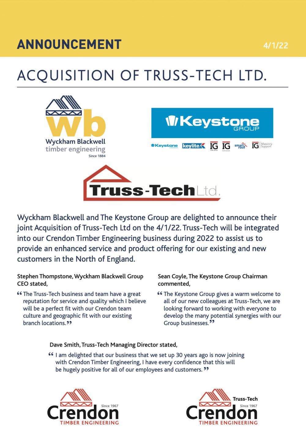 Acquisition of the UK Business Truss-Tech Ltd