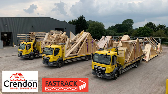 Crendon FASTRACK HGVs fully loaded with Roof Trusses and Spandrel Panels