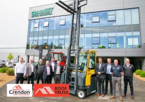 The Crendon Timber Engineering Exec Team were delighted last week to be able to see our first new electric Combilift rolling off the production line at the Combilift factory. This is one of twelve being delivered into the Crendon Fleet in Q2 2023 and is an important element of the Crendon Carbon Reduction Plan. These are all sourced via Briggs Equipment with long term Service & Maintenance Agreements.