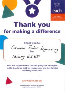 Crendon Timber Engineering, East Harling have raised £1,639 for East Anglia Children’s Hospices