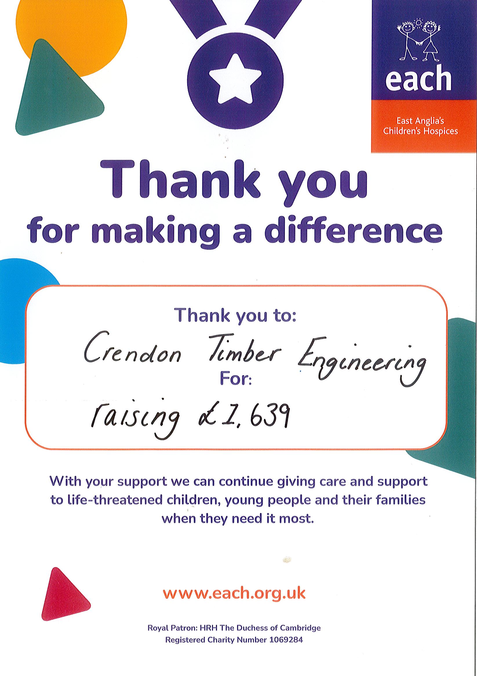 Thank you certificate from East Anglia Children's Hospices