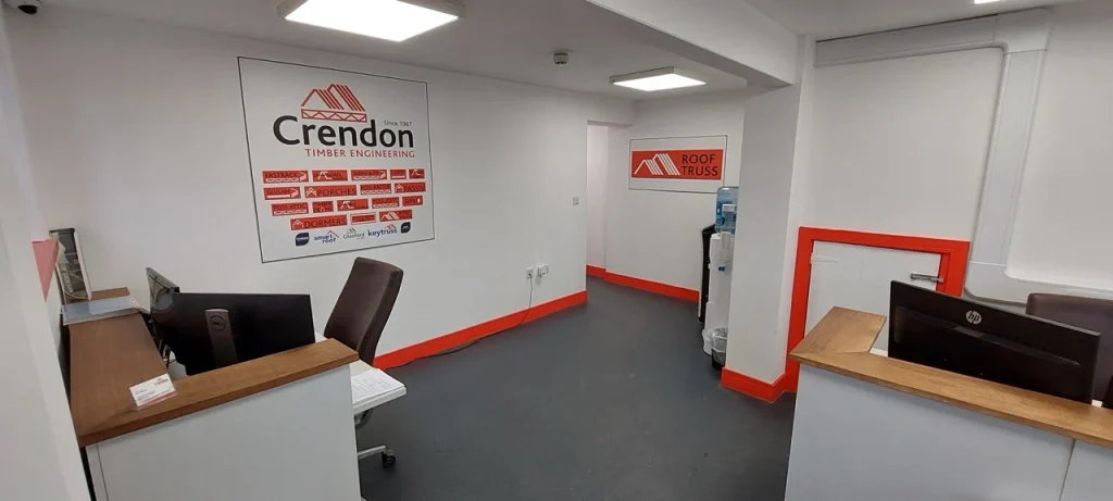 Office with white walls and Crendon logo