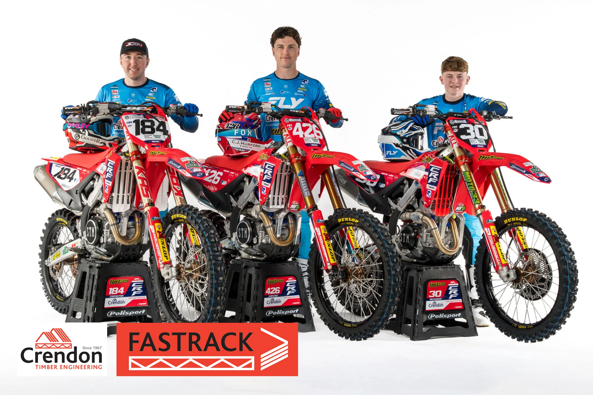 3 Crendon FASTRACK sponsored motocross riders with their bikes.