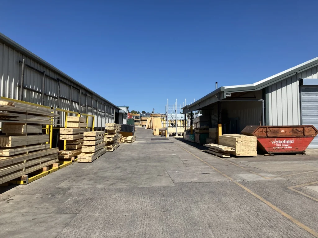 Warehouse yard with racks holding materials and storage