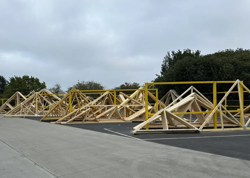 Outdoor racks holding various products ready for loading