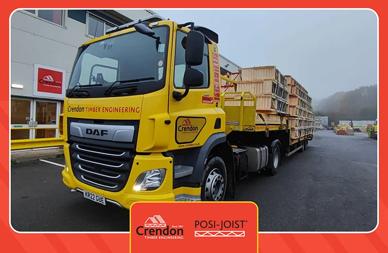 Lorry loaded with Posi-Joists in front of a warehouse