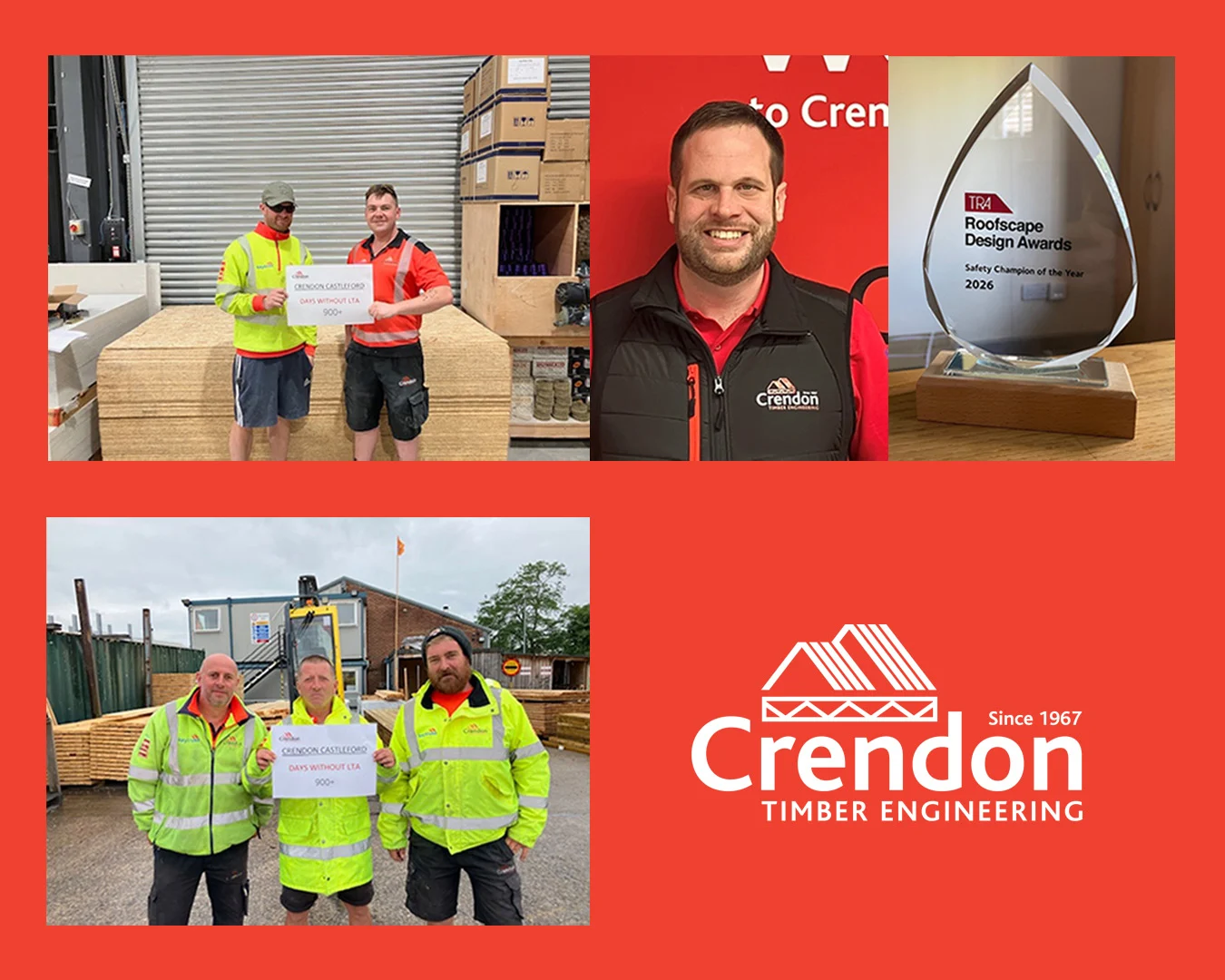 Graphic including images of glass trophy, men in hi vis holding up a sign and a close up of a man with brunette hair, beard and a Crendon branded gilet.