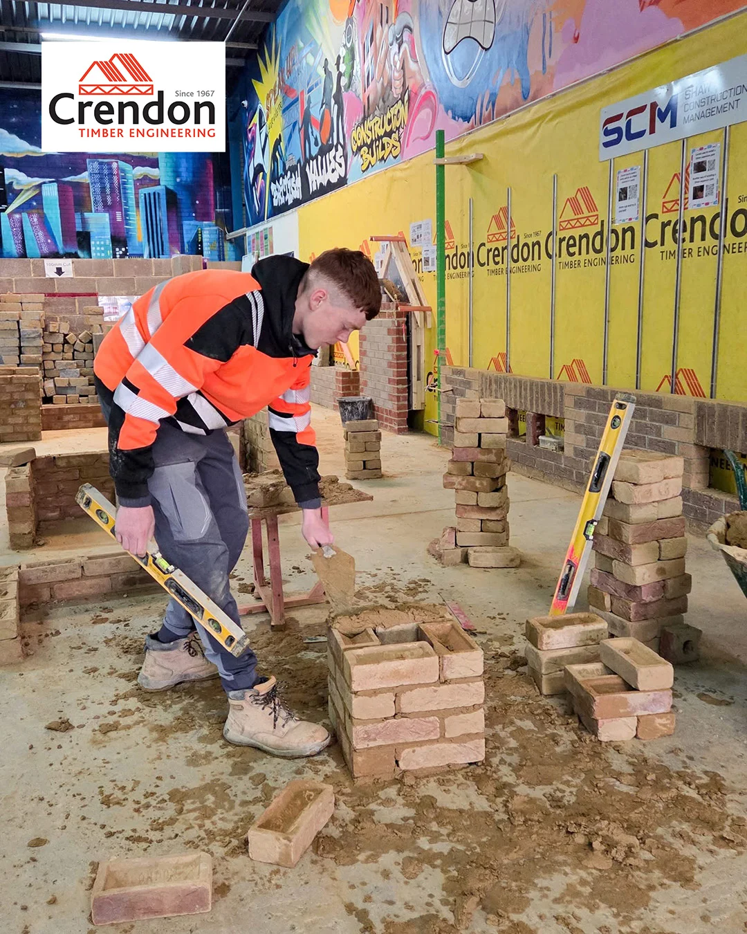 Worker in orange hi-vis jacket using a spirit level on a small brick build in a workshop with Crendon signage.