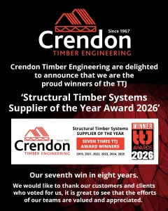 We are thrilled to announce that Crendon Timber Engineering have won both the TTJ Structural Timber Systems Supplier of the Year 2026 and the TTJ Environmental Achievement Award 2026.